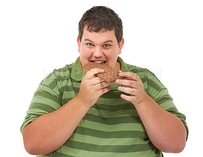 Buy stock photo Obesity, eating chocolate and portrait of man with smile, unhealthy diet and isolated on white background. Nutrition, weight loss and food addiction, face of happy male model with candy in studio.