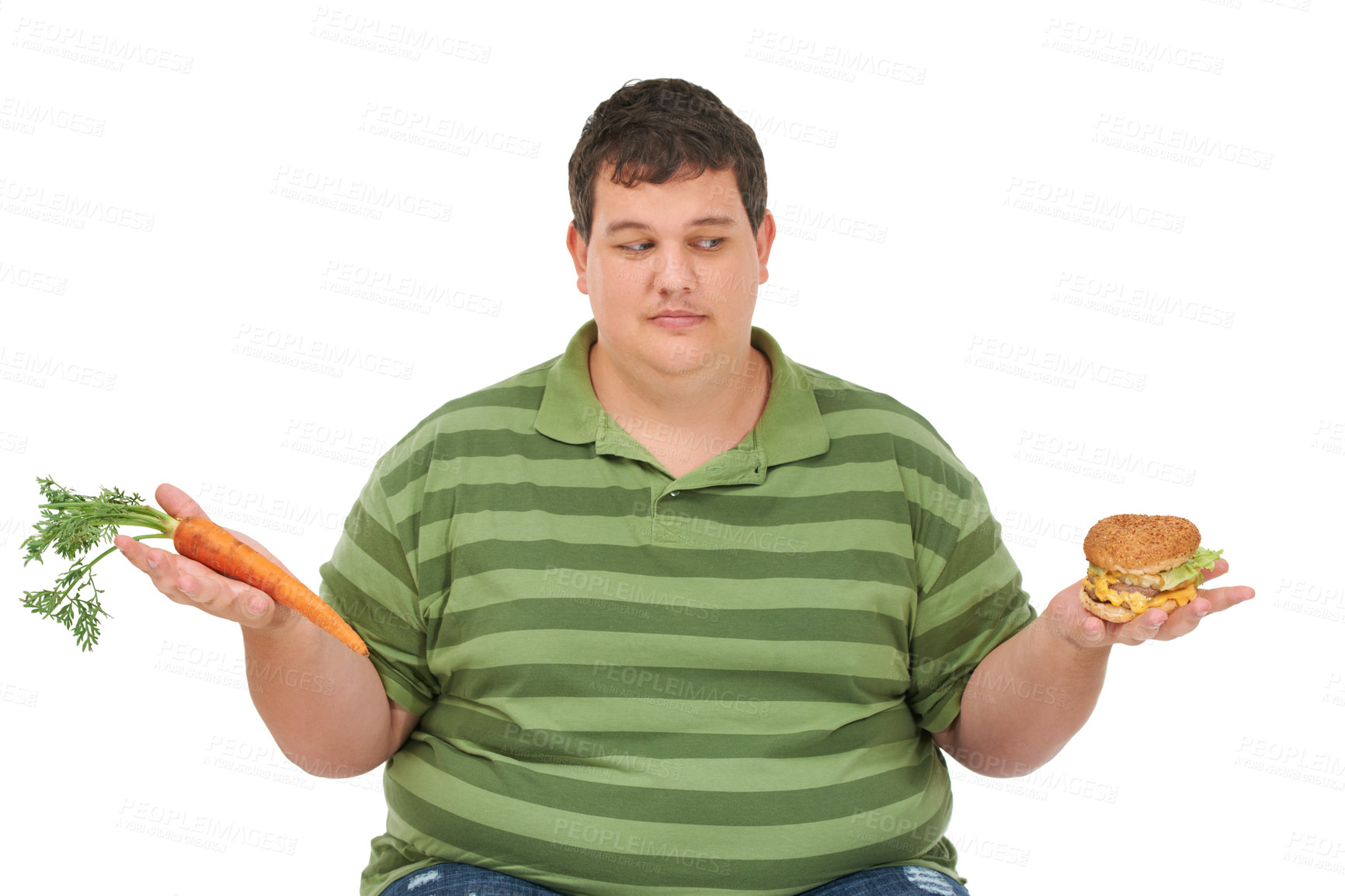 Buy stock photo Plus size, diet decision and man with a carrot and fast food choice thinking about balance. Male model, studio and white background with healthy and take away order with weight loss and nutrition