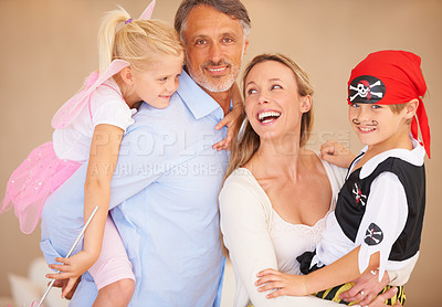 Buy stock photo Father, son or portrait for halloween with happy family, bonding or happiness in childhood. Man, boy and face with smile for event with fairy and pirate costumes, love and party celebration in house