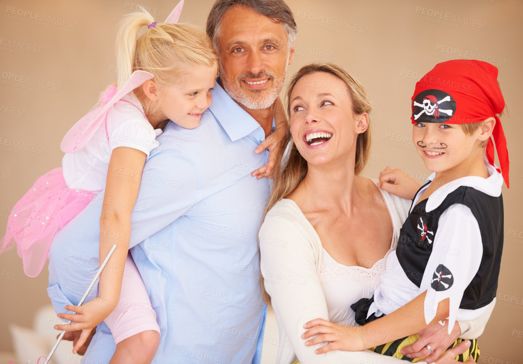 Buy stock photo Father, son or portrait for halloween with happy family, bonding or happiness in childhood. Man, boy and face with smile for event with fairy and pirate costumes, love and party celebration in house