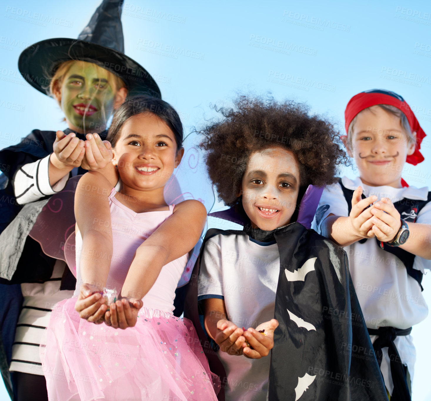 Buy stock photo Children, group and portrait for halloween costume for sweet candy asking, trick or treat for fantasy. Friends, hands or dress up as witch or pirate for holiday fun or kid development, smile for play