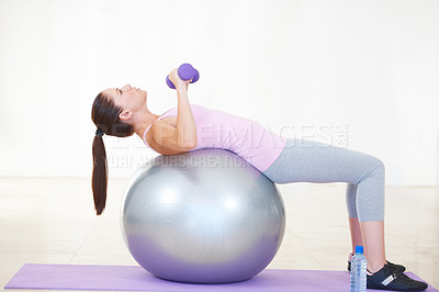 Buy stock photo Woman, ball and balance or weight exercise on mat for 
cardio or progress training, workout for fitness. Female person, sports for gym club or active healthy, strong wellbeing challenge for practice