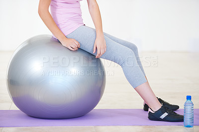 Buy stock photo Woman, ball and balance or exercise on mat for 
cardio or progress training, workout for fitness. Female person, sports for gym club or active healthy, strong wellbeing challenge for performance gear