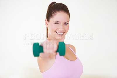 Buy stock photo Portrait, dumbbell and woman with fitness, workout and exercise on a white studio background. Face, person and girl with equipment, progress and challenge with wellness, performance and training