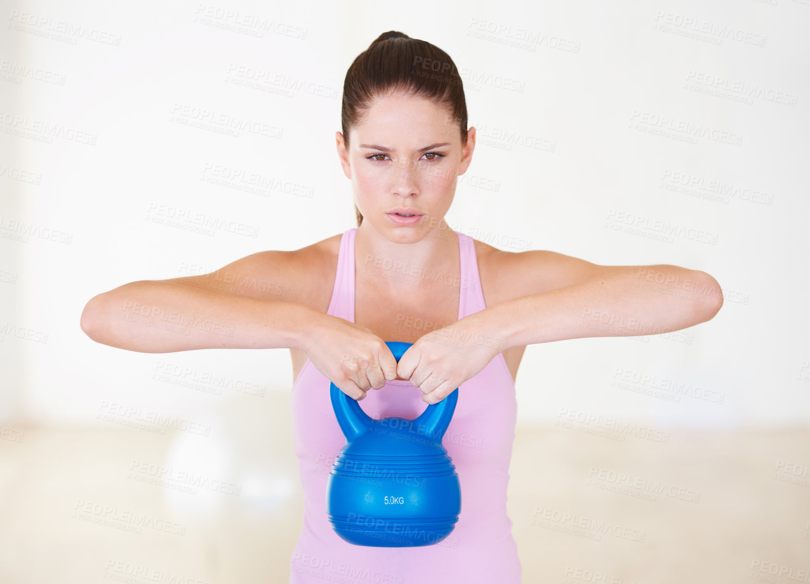 Buy stock photo Woman, kettlebell and gym exercise for workout performance, challenge or training. Female person, arms or weightlifting for fitness sport or strong health care, muscle progress, athletic for practice