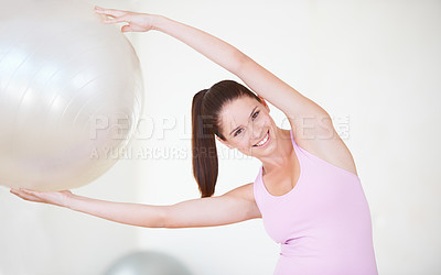Buy stock photo Portrait, smile and woman with exercise, ball and stretching with wellness, self care and healthy body. Face, person and girl with equipment, activity and workout with mobility, happiness and fitness