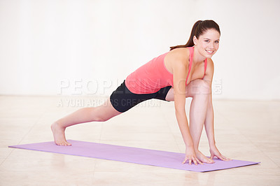 Buy stock photo Portrait, yoga and woman with smile, stretching and workout with performance on a background. Face, person and girl with fitness for health, wellness and progress with weight loss, peace or training