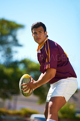 Buy stock photo Fitness, sports and man with rugby, ball or pass at a field for training, match or hobby outdoor. Football, face and male athlete at a park for game day, performance or workout, skill or practice 
