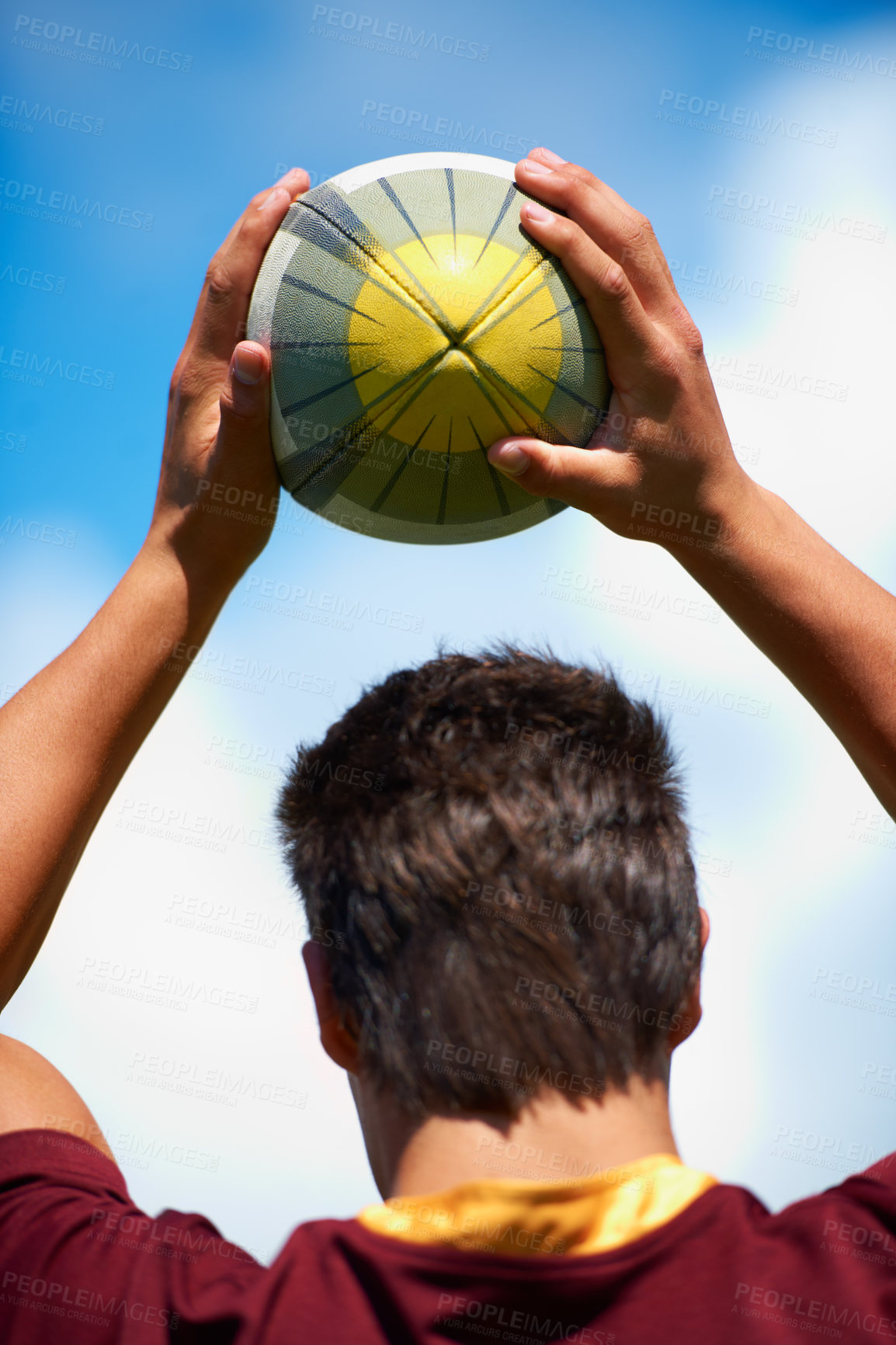 Buy stock photo Sports, rugby and man with a ball in hands while thinking or planning strategy. Headshot of male athlete person playing outdoor in sport competition, game or training for fitness, workout or exercise