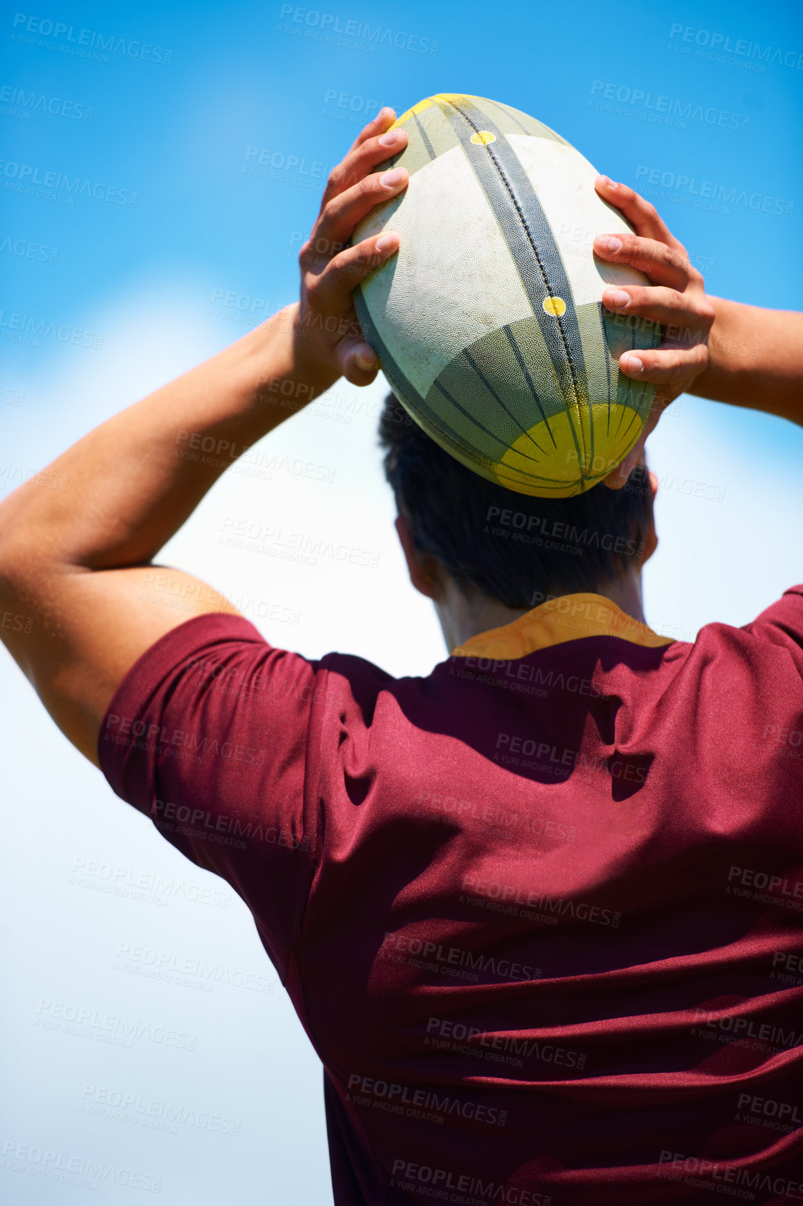 Buy stock photo Back, rugby and man with a ball, game and fitness with exercise, playing and workout. Professional player, guy and athlete with training, practice for a match and sports with confidence and wellness