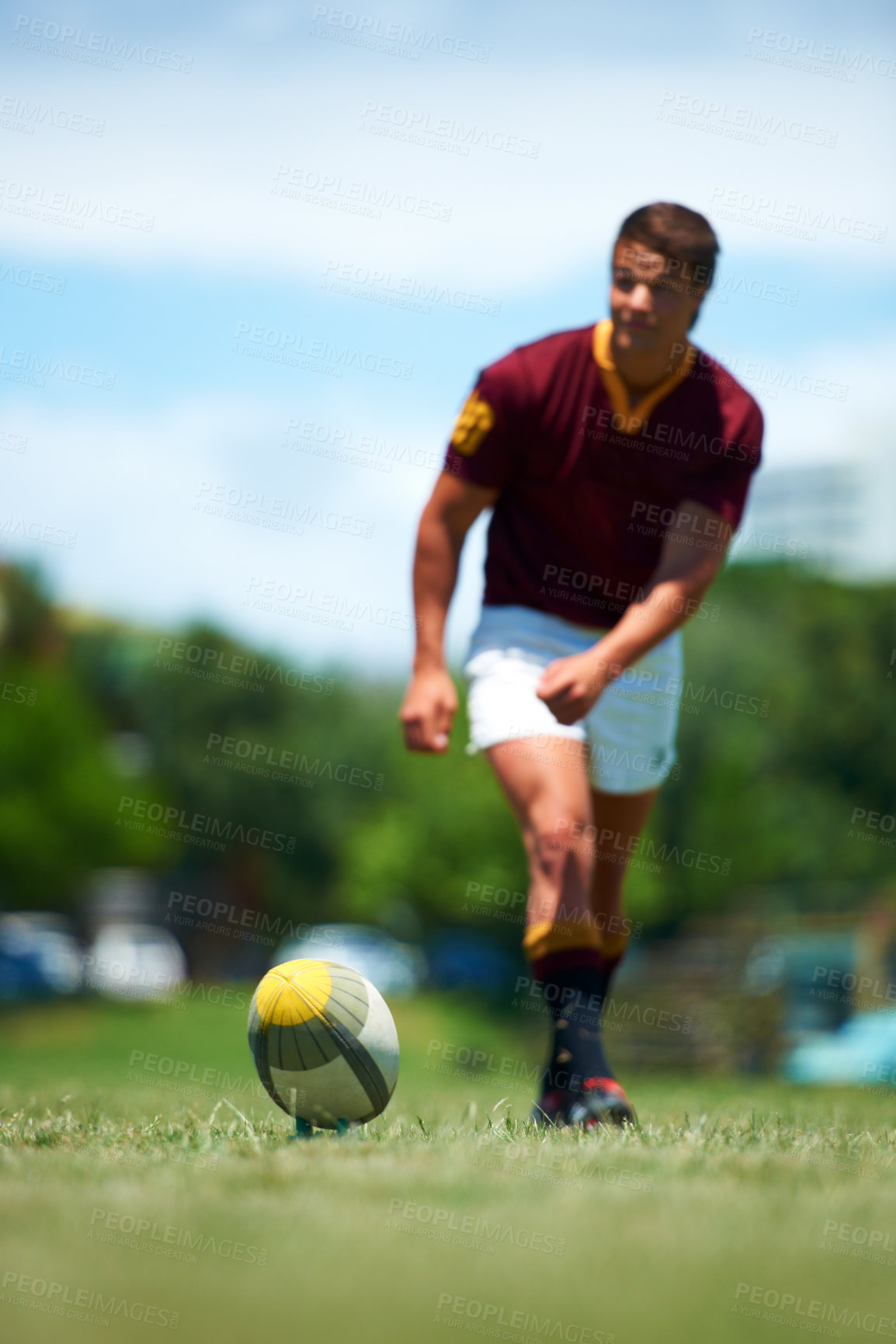 Buy stock photo Sports, young rugby player kick a ball for conversion and in a field for a game or competition. Fitness or exercise, sportsman or training and professional male athlete playing on grass pitch outdoor