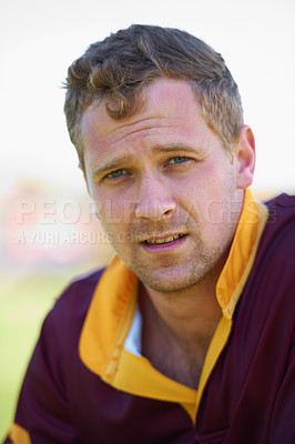 Buy stock photo Portrait, closeup and male rugby player ready for sports practice outside looking serious. Focus, face and man outdoors on field for athletic and competitive game exercise with fitness training 