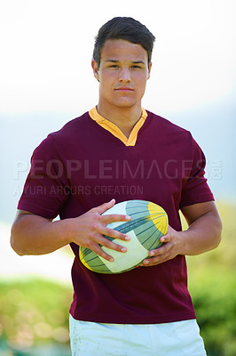 Buy stock photo Rugby, sports and portrait with man on field for training, health and stadium practice. Challenge, competition and performance with male person in outdoor pitch for exercise, games and workout