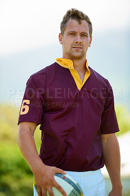 Buy stock photo Portrait, ball and a man rugby player outdoor for sports, fitness or training at a club in uniform. Health, exercise and a strong youth athlete on a field for a workout to improve skill or technique