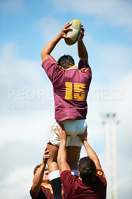 Buy stock photo Rugby, ball and men with fitness, competition and training for wellness, exercise and teamwork. Professional players, group or male athletes with sports, match and practice with workout and challenge