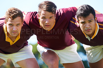 Buy stock photo Rugby, sports and men for team portrait outdoor on pitch for scrum, hug or teamwork. Male athlete group playing together in sport competition, game or training match for fitness, workout or exercise