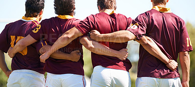 Buy stock photo Rearview shot of a young rugby team lining up for a scrum