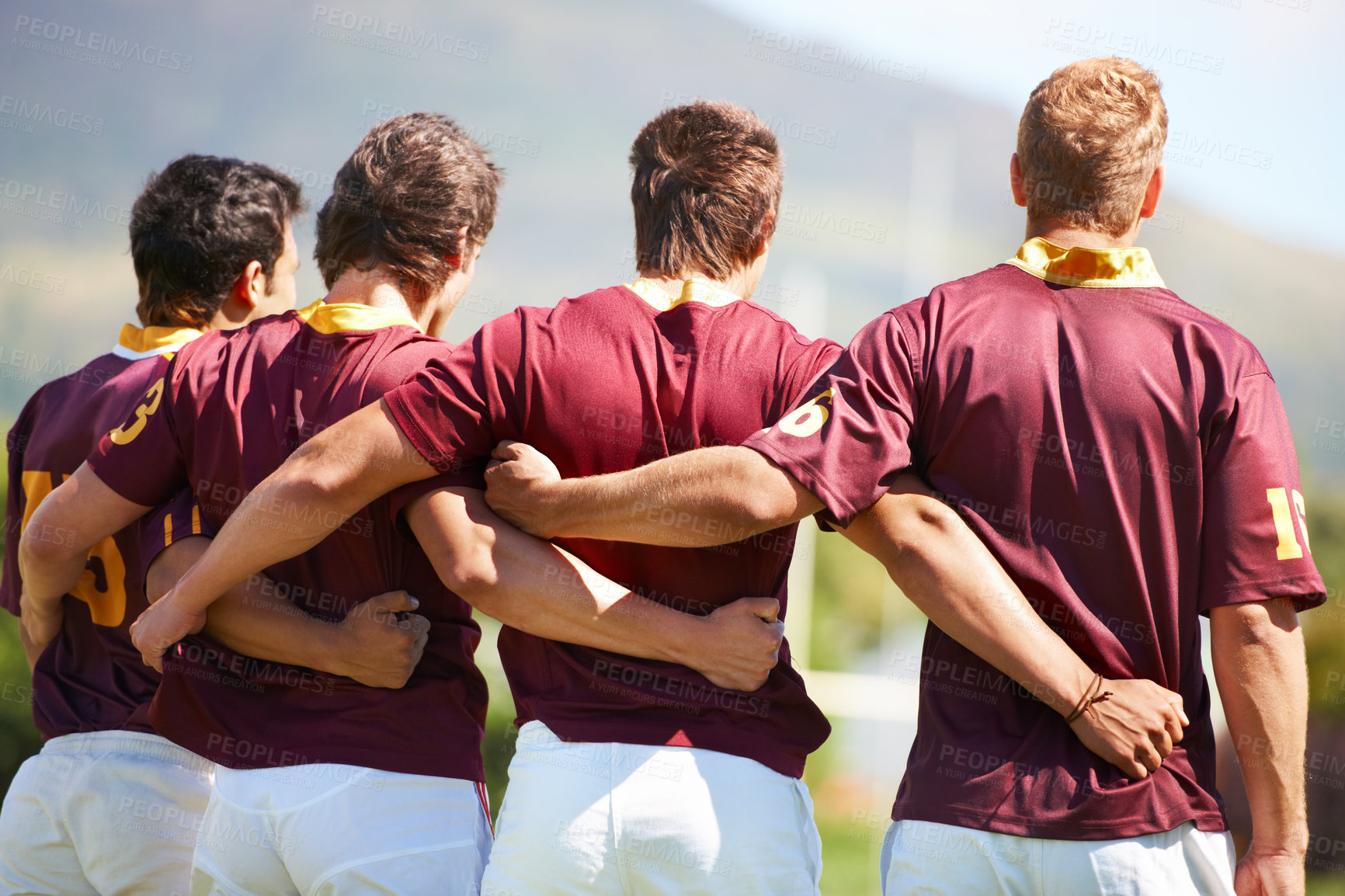 Buy stock photo Back, rugby team and sports with men in a line outdoor on a field before a game or competition in summer. Teamwork, sport and unity with male athletes or players getting ready for training or a match