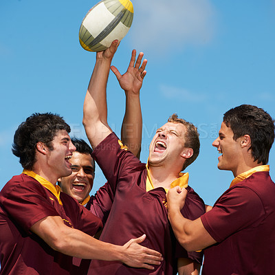 Buy stock photo Rugby, sports and celebration with winner and people on field for teamwork, success and challenge. Training, success and achievement with group of men for support, collaboration and competition