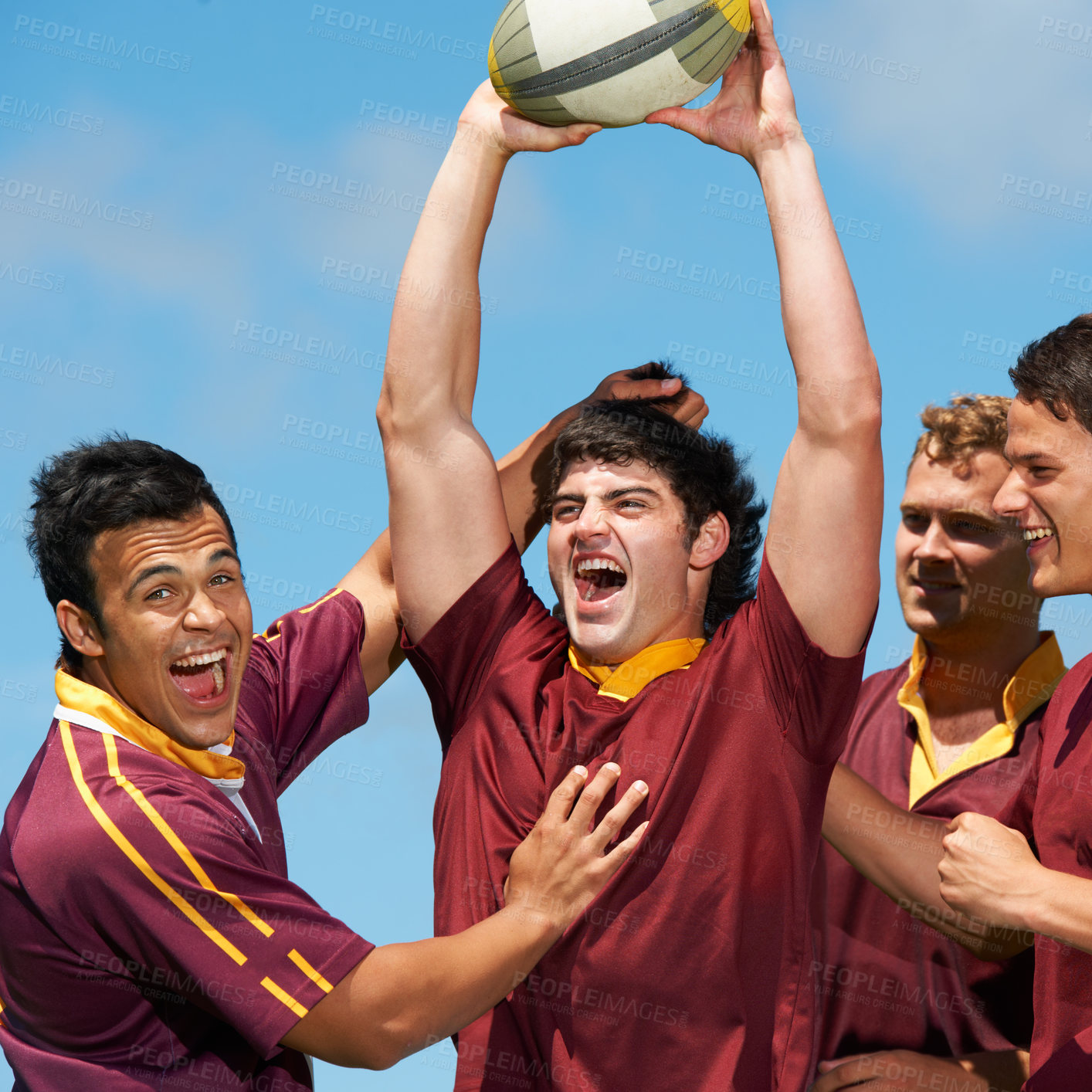 Buy stock photo Rugby, sports and teamwork with winner and people on field for celebration, success and challenge. Training, success and achievement with group of men for support, collaboration and competition