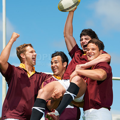 Buy stock photo Winner, victory and rugby with a team in celebration together outdoor after a game or competition. Fitness, sports and energy with a winning man athlete group celebrating scoring a try or success