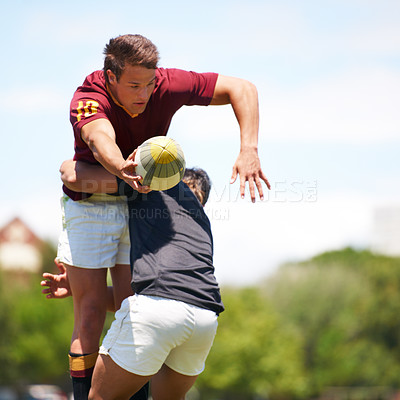 Buy stock photo Game, rugby and men with fitness, teamwork and energy with wellness, training and action. Professional players, athlete or team with fun, match or sports with ball, skills and competition with health