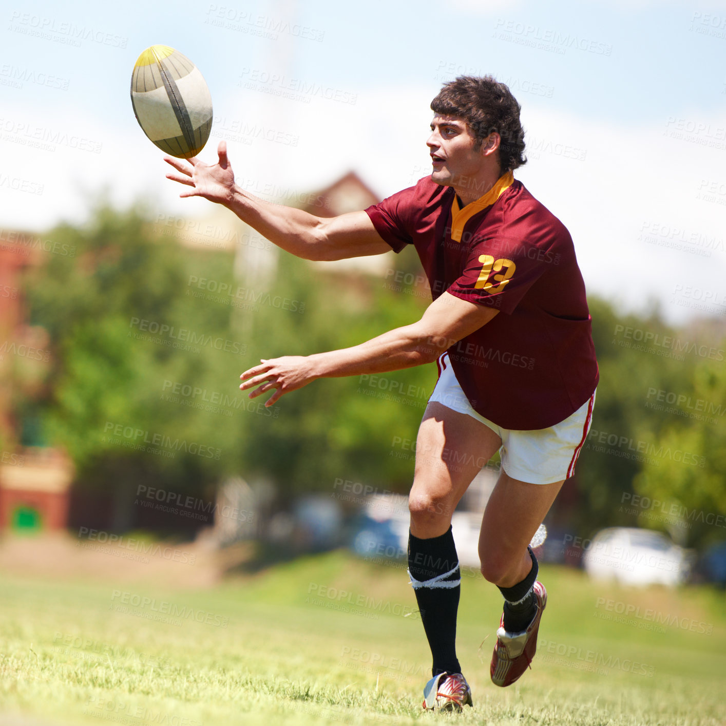 Buy stock photo Man, game and rugby on field for competition by running for fitness or exercise with energy. Male athlete, ball and workout on grass for training with development or growth in sports in the outdoors.