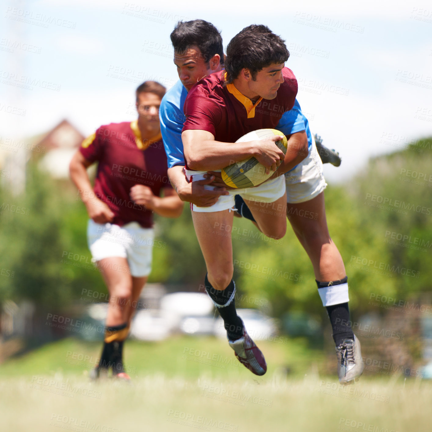 Buy stock photo Fitness, tackle and rugby men on a field for sports, ball or action, game or power outdoor. Jump, handball and male team at a park for competitive, training or energy, workout or active challenge