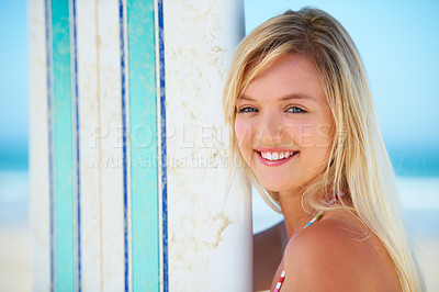 Buy stock photo Surf, board and portrait of woman at beach with smile in summer, vacation or holiday with fun sport. Person, face and happiness outdoor in sunshine with blue sky at ocean, water or travel at sea