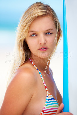 Buy stock photo Surf, board and woman at beach thinking about summer, vacation and bikini for holiday. Serious, face and person outdoor in sunshine offshore with confidence and ideas for watersports and travel