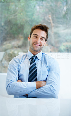 Buy stock photo Business man, portrait and arms crossed for career leadership, happy with job and confidence at table or desk. Face of mature and professional person or boss in POV meeting or consultation at office