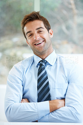 Buy stock photo Businessman, portrait and happy in office with arms crossed for career, professional and employee at corporate job. Entrepreneur, face and person for smile, confidence and pride with ambition at work