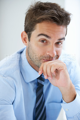 Buy stock photo Businessman, portrait and thinking in office for career, professional and employee at corporate job. Entrepreneur, face or person for happy, confidence and hands with calm expression at workplace 