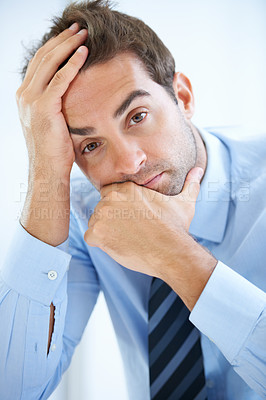 Buy stock photo Portrait, stress and serious businessman with anxiety in a financial or accounting agency. Frustrated, depressed and face of a male person or accountant with stock market crash and worry or doubt 