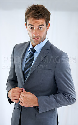 Buy stock photo Portrait, suit and business with man, employee and confidence with startup, consultant and lawyer. Worker with legal practice, agent or entrepreneur with professional, corporate or career with blazer