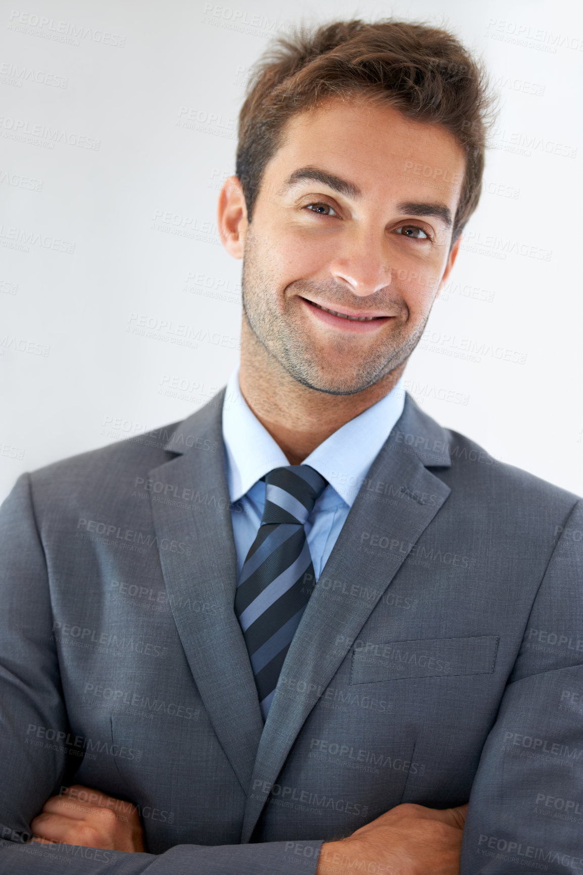 Buy stock photo Businessman, portrait or happy in office with arms crossed for career, professional and employee at corporate job. Entrepreneur, face or person for smile, confidence and pride with calm at workplace 