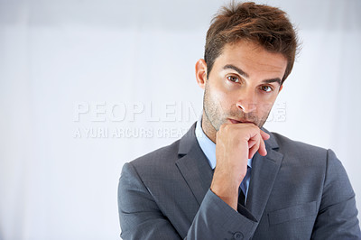 Buy stock photo Thinking, business and man with ideas, decision and solution with planning, problem solving and mockup space. Person, agent and consultant with inspiration, worker and choice with startup career