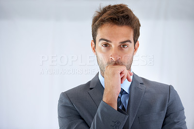 Buy stock photo Businessman, portrait and thinking at office on mockup for planning, brainstorming or ideas. Face of man or employee in wonder or thought for business plan, decision or choice in problem or solution