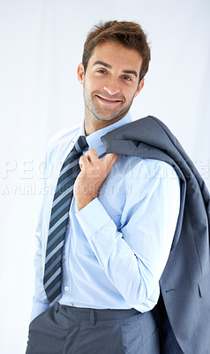Buy stock photo Businessman, portrait and happy in office for career, professional and employee at corporate job. Entrepreneur, face and person for smile, confidence and pride with calm expression or blazer at work 