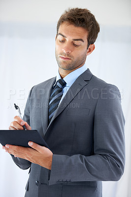 Buy stock photo Business man, notebook and writing or planning, notes and ideas for mission, company and future. Male person, journal and research or agenda, office and brainstorming for project or career goals