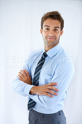 Buy stock photo Businessman, confidence and smile in portrait, studio and entrepreneur by white background. Male person, arms crossed and proud of career, happy and motivation for company growth or startup in mockup