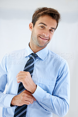 Buy stock photo Businessman, portrait and happy in office for career, professional and employee at corporate job. Entrepreneur, face and person for smile, confidence and pride with calm expression or hands at work 