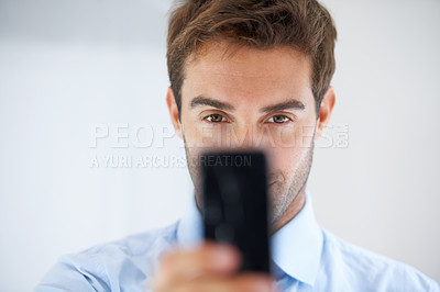 Buy stock photo Businessman, selfie and photography for memory, social media or online vlog at office. Portrait of handsome man, employee or app for photograph, picture or status update in business at workplace
