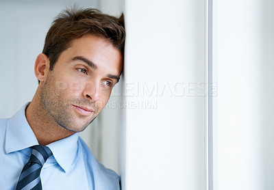 Buy stock photo Business man, thinking and relaxing or smile, wall and happy for idea, vision and mission. Male person, confidence and pride for planning, positive mindset and contemplating on career or future