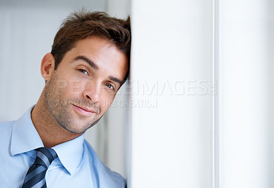 Buy stock photo Businessman, portrait and smile in office for career, professional and employee at corporate job. Entrepreneur, face or person for joyful, confidence and pride with calm expression at workplace 