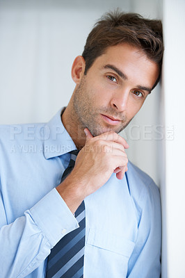 Buy stock photo Thinking, wall and portrait of business man in office with confidence, pride and ambition. Corporate, professional and face of entrepreneur with ideas for company, career and job in workplace