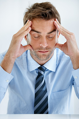 Buy stock photo Business man, headache and stress for bankruptcy, stock market crash or financial fail in office on a wall or white background. Tired or frustrated person or mature boss with debt crisis and pain