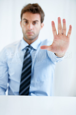 Buy stock photo Businessman, hands and stop for wait, no or halt in gesture, protest or take a stand at office. Man, male person or employee showing palm for negative sign, disapproval or disagree at workplace
