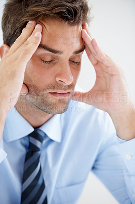 Buy stock photo Business man, headache and pain or angry for bankruptcy, stock market crash or financial fail in office, wall or white background. Tired or frustrated person or mature boss with debt and job stress