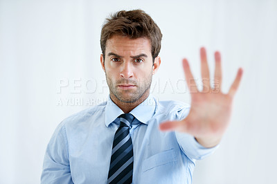 Buy stock photo Businessman, portrait and hands stop for wait, no or halt in gesture, protest or take a stand at office. Man, male person or employee show palm for negative sign, disapproval or disagree at workplace